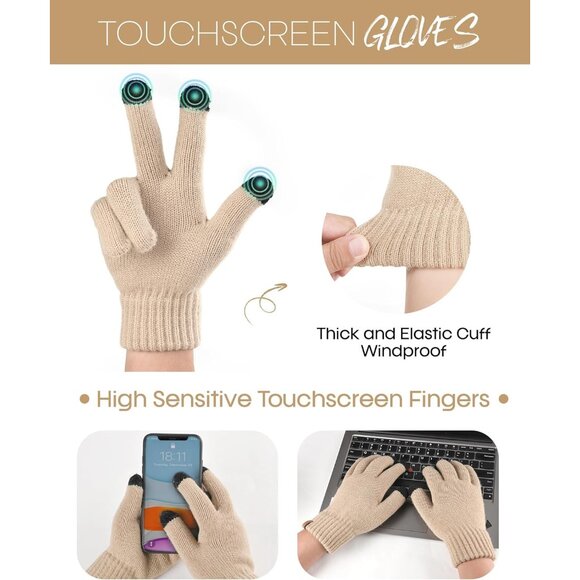 Womens Winter Hat Gloves Scarf Set Fleece Knit Pom Beanie Warm Neck Warmer Touch - Picture 5 of 7